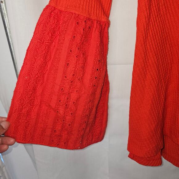 Free People Women's Parisian Nights Eyelet Embroidered Red Boho Top size  Xs - Picture 4 of 10